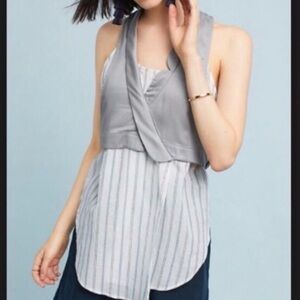 Anthropologie Gray Layered Halter Stripe Tunic Top